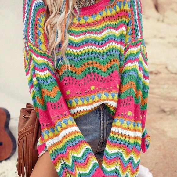 Multicolor Casual Women's Hollow Out Wave Pattern Long Sleeve Pullover Sweater - Picture 3 of 7